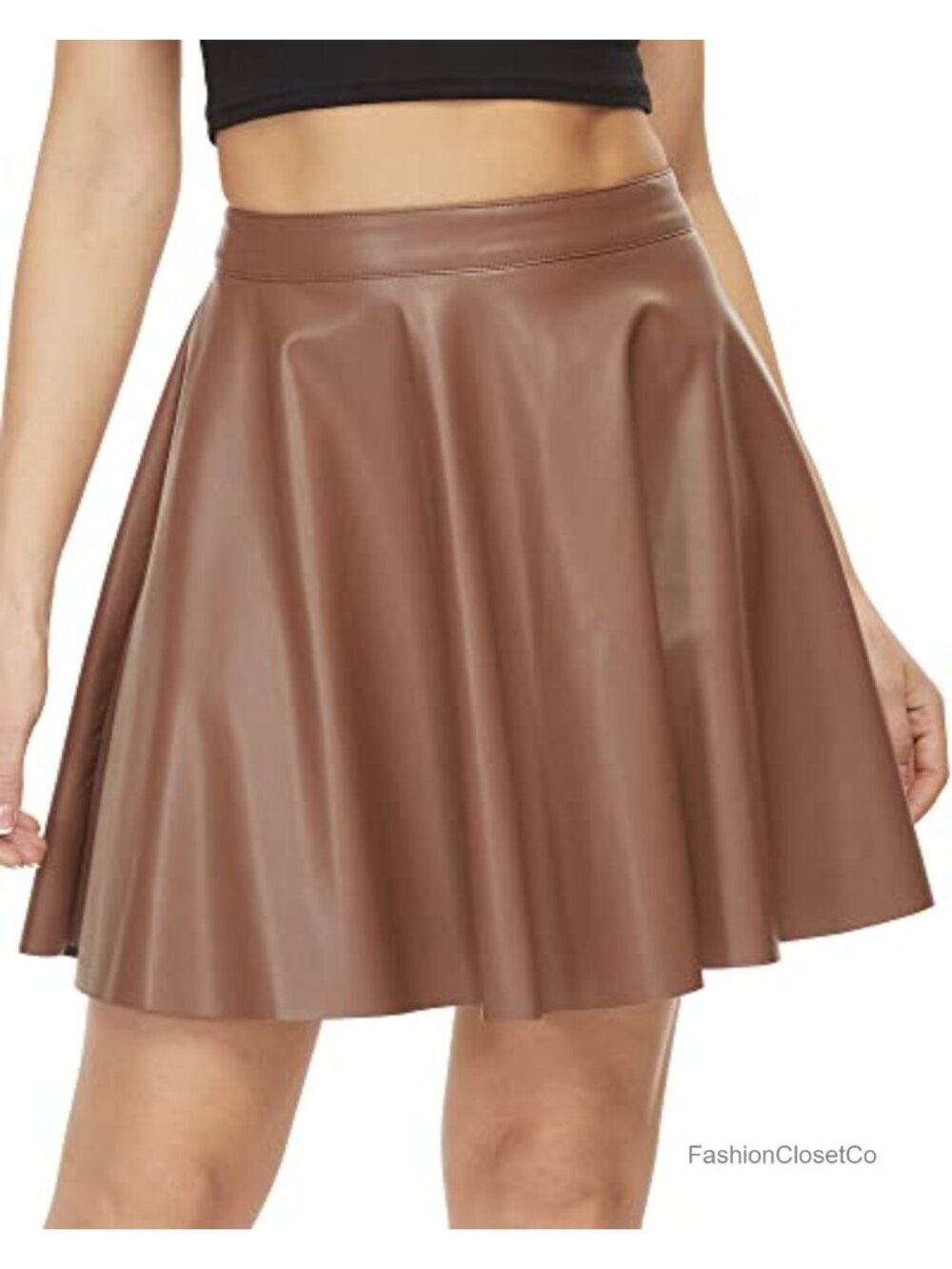 Faux Leather High Waist A-Line Skater Mini Skirt Pleated Stretchy Casual